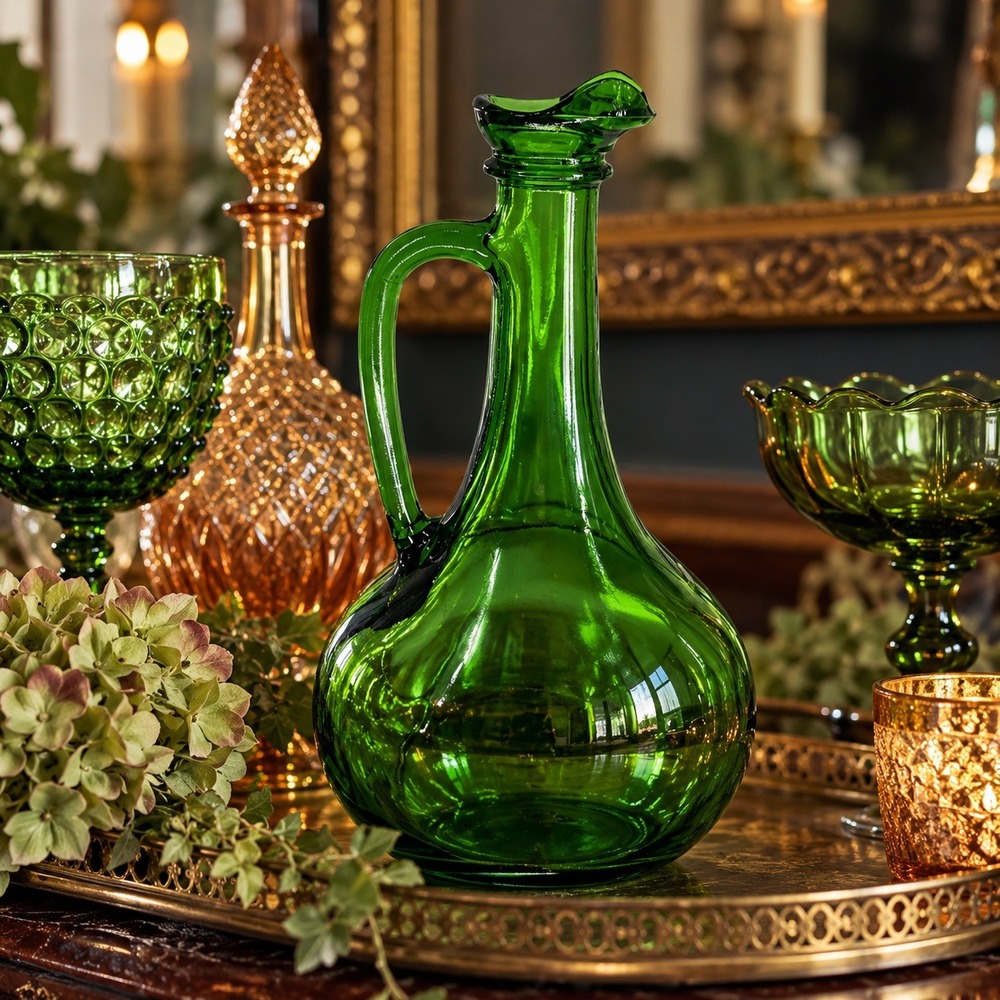 Vintage 1976 Wine World Emerald Green Glass Wine Bottle Decanter Handled Cruet